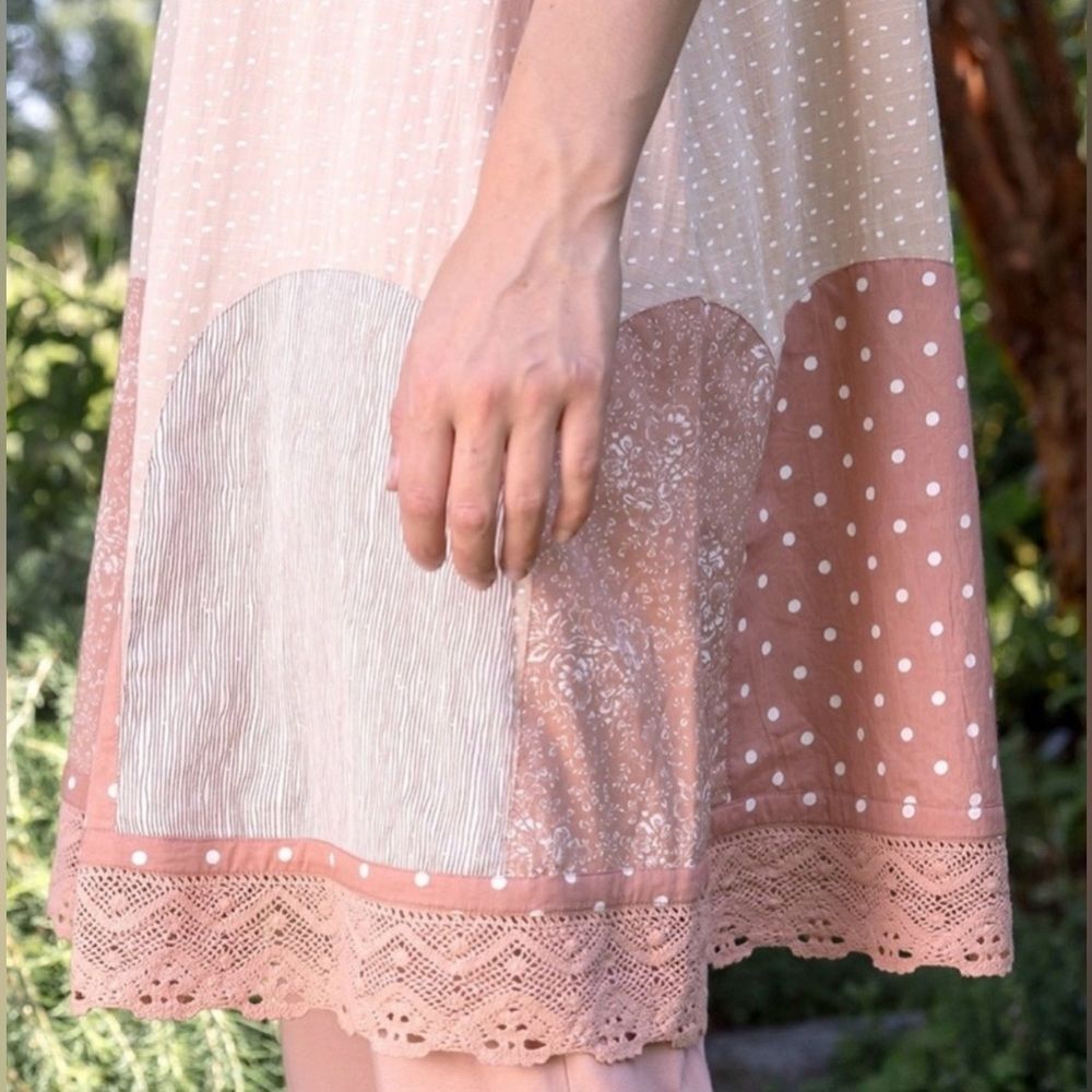 April Cornell Dress Gathered Lace Trim Dot Sleeveless Cream Tan Size S - Picture 8 of 13